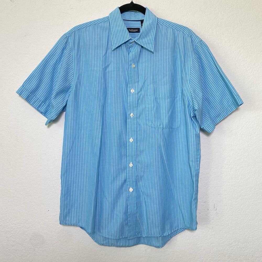 Van Heusen Blue Striped Short Sleeve Button Up Mens Medium Resort Casual‎ Summer